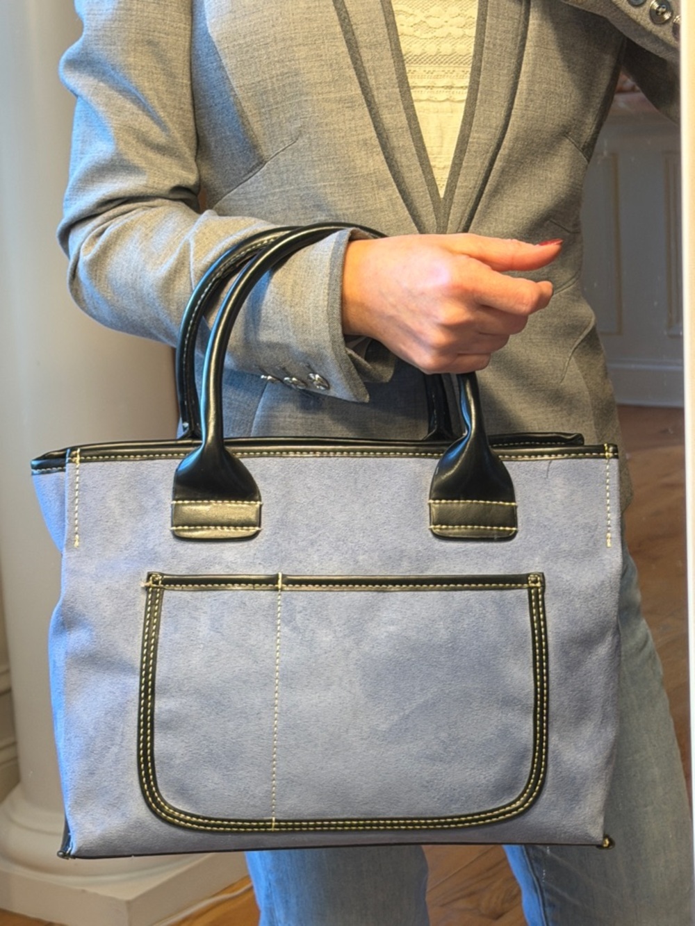 Saks Fifth Avenue Quiet Luxury Blue Faux Suede Satchel Bag (GUC)